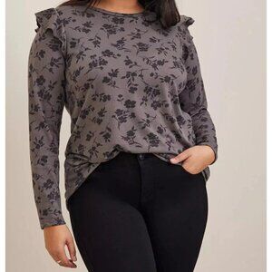 Torrid Classic Fit Jersey Crew Neck Ruffle Shoulder Tee Gray 0 (L/XL) Stretch‎